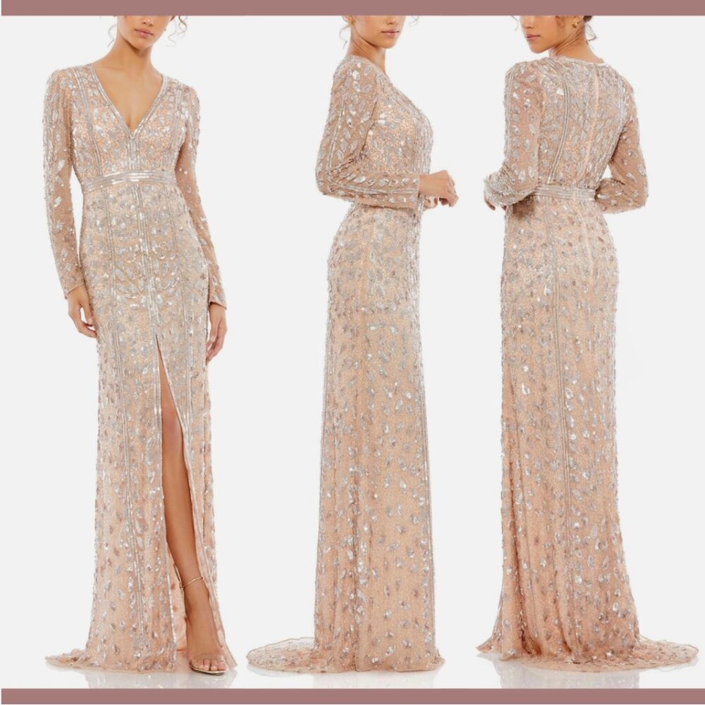 NWT $598 Mac Duggal [ 4 ] Embellished Front Slit Long Sleeve Gown Rose Gold Q667